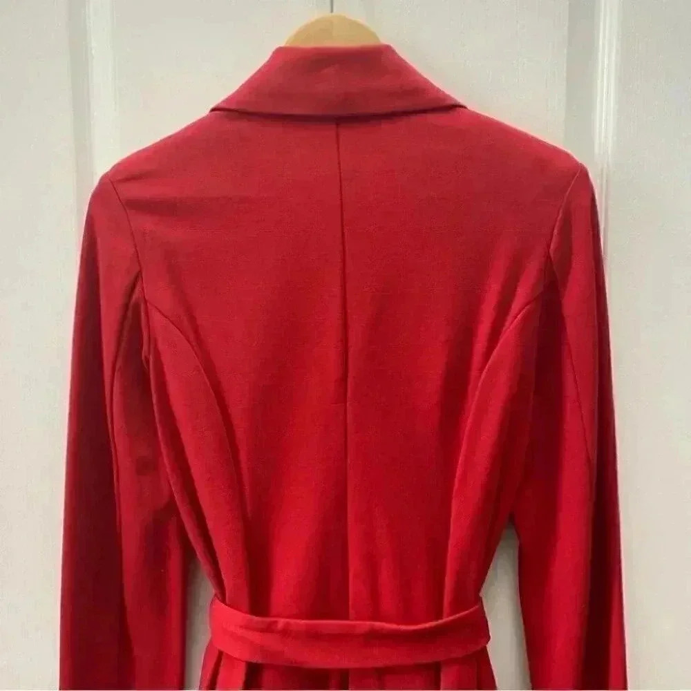Vintage Le Chateau Trench Coat Red Ponte Knit Duster Blazer Belted Y2K Small - Picture 9 of 16